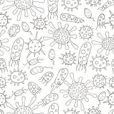 Bakteri ve virüslerle renksiz desen. Çizgi film elemanları dizisi el çizimi tarzında. Coronavirüs
