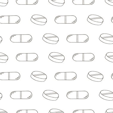 Beyaz arkaplanda renksiz desen. Karikatür tıbbi ilaçlar el çizimi tarzında. Paketleme için arkaplan