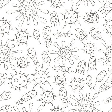 Bakteri ve virüslerle renksiz desen. Çizgi film elemanları dizisi el çizimi tarzında. Koronavirüs, mikroorganizmalar.