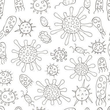 Bakteri ve virüslerle renksiz desen. Vektör tasarım elemanları. Çizgi film mikropları el çizimi tarzında. Koronavirüs, bakteri, mikroorganizmalar