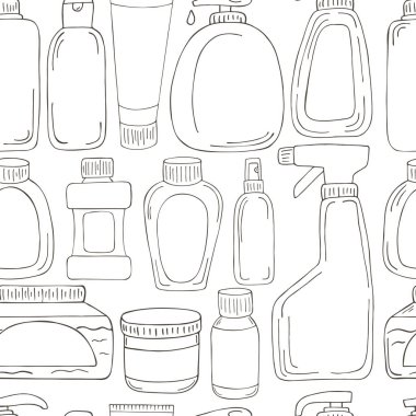 Kutu, paket, tüp koleksiyonu. Renksiz desen. Beyaz arka planda el çizimi biçiminde banyo unsurları