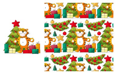 Kaplan Yılı. Yeni yıl elementleri ve kusursuz desenler. Çocuk kıyafetleri için ideal. Yeni yıl 2022. Kumaş, ambalaj kağıdı vesaire için kullanılabilir