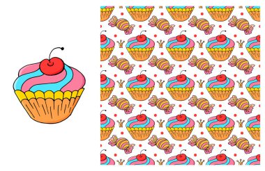 Kırmızı element kümesi ve kusursuz desen. Çocuk kıyafetleri için ideal. Tatlı hamur işleri. Kek, kek. Kumaş ve benzeri şeyler için kullanılabilir.