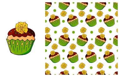 Yeşil element kümesi ve kusursuz desen. Çocuk kıyafetleri için ideal. Tatlı hamur işleri. Kek, kek. Kumaş, ambalaj kağıdı vesaire için kullanılabilir