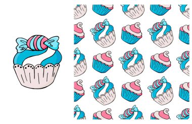 Kek, kek. Mavi element kümesi ve kusursuz desen. Çocuk kıyafetleri için ideal. Tatlı hamur işleri