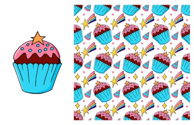 Kek, kek. Mavi element kümesi ve kusursuz desen. Çocuk kıyafetleri için ideal. Tatlı hamur işleri. Kumaş, ambalaj vesaire için kullanılabilir