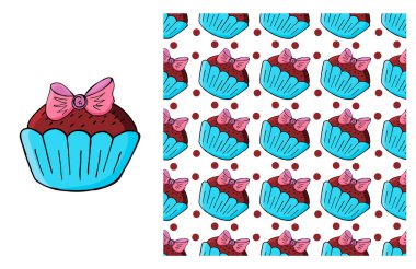 Kek, kek. Mavi element kümesi ve kusursuz desen. Çocuk kıyafetleri için ideal. Tatlı hamur işleri. Kumaş için kullanılabilir.