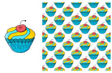 Mavi element kümesi ve kusursuz desen. Çocuk kıyafetleri için ideal. Tatlı hamur işleri. Kek, kek. Kumaş, ambalaj vesaire için kullanılabilir