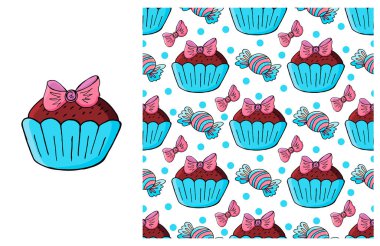 Mavi element kümesi ve kusursuz desen. Çocuk kıyafetleri için ideal. Kek, kek. Tatlı hamur işleri