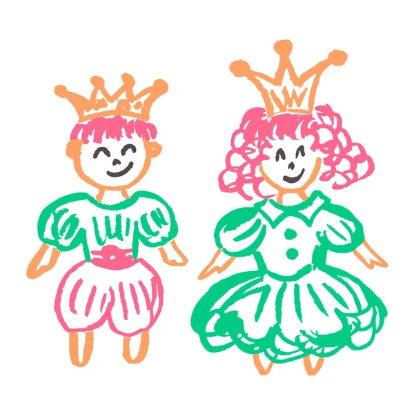 王子和公主手绘图标风格 用蜡笔画彩色粉笔孩子们的创造力矢量图解 — 图库矢量图片