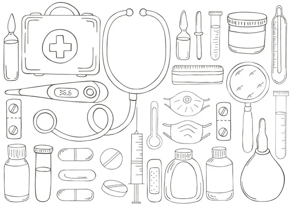 Desenho de página para colorir de médico. Conjunto de instrumentos médicos  imagem vetorial de Oleon17© 114576822