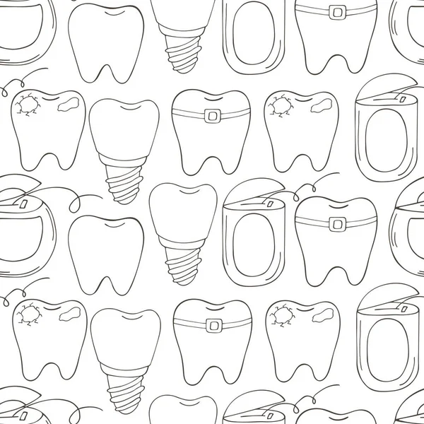 Colorir Padrão Sem Costura Dentes Desenhos Animados Mão Desenhar Estilo — Vetor de Stock