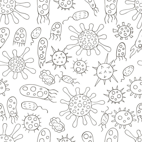 Бесшовный рисунок раскрашивания бактериями и вирусами. Элементы векторного дизайна. Набор мультяшных микробов в стиле рисования вручную. Коронавирус, микроорганизмы