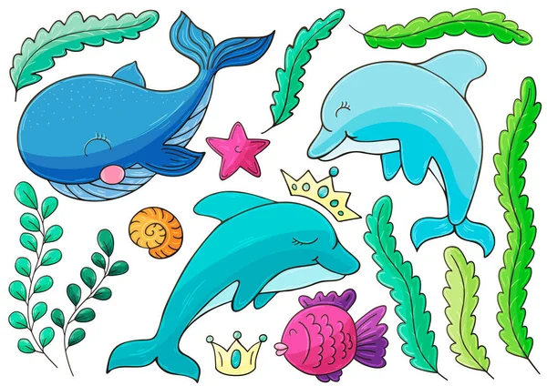 Conjunto Ilustrações Sobre Tema Marinho Golfinhos Algas Mão Desenhar Estilo — Vetor de Stock