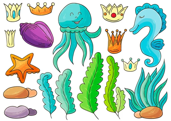 Conjunto Ilustraciones Sobre Tema Marino Las Medusas Caballitos Mar Algas — Vector de stock