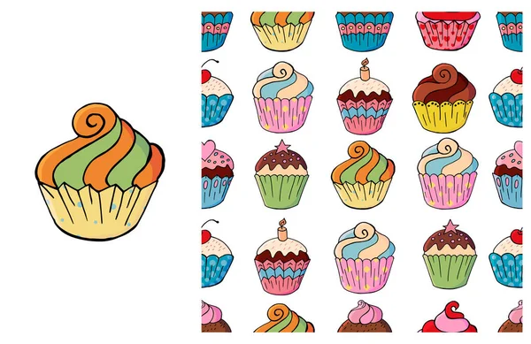 Set Van Elementen Naadloos Patroon Cupcake Muffin Ideaal Voor Kinderkleding — Stockvector