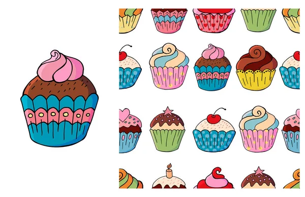 Conjunto Elemento Padrão Sem Costura Cupcake Muffin Ideal Para Roupas —  Vetores de Stock