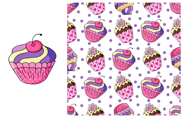Pink Set Element Seamless Pattern Ideal Children Clothing Sweet Pastries — Stock Vector
