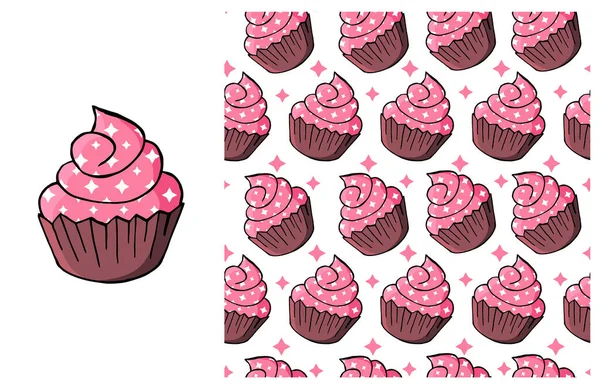 Pink Set Element Seamless Pattern Ideal Children Clothing Cupcake Muffin — Stock Vector