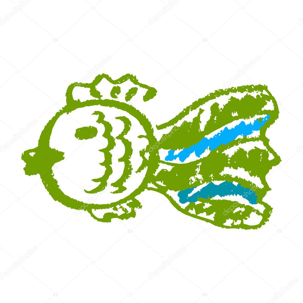 Fish. Icon in hand draw style. Drawing with wax crayons, colored chalk, children's creativity. Vector illustration. Sign
