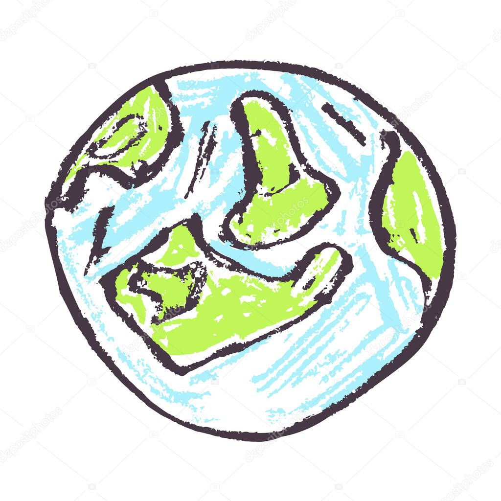Earth. Icon in hand draw style. Drawing with wax crayons, colored chalk, children's creativity. Vector illustration. Sign, symbol, pin, sticker