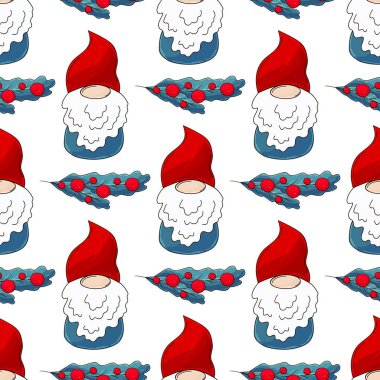 Elinde İskandinav cüceleri olan Noel deseni. Kumaş, ambalaj vesaire için kullanılabilir