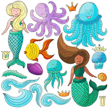 Simgeler ve tasarım elementleri. Deniz, okyanus ve onların muhteşem sakinleri. Resimler elde çizim tarzında. Simge koleksiyonu