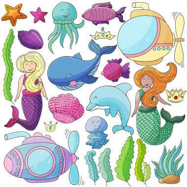 Simgeler ve tasarım elementleri. Deniz, okyanus ve onların muhteşem sakinleri. Resimler elde çizim tarzında. Simge koleksiyonu, işaretler