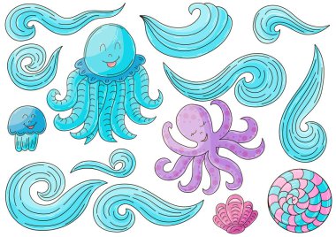 Simgeler ve tasarım elementleri. Resimler elde çizim tarzında. Deniz, okyanus ve onların muhteşem sakinleri. Simge, işaret, iğne koleksiyonu