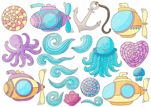 Conjunto Iconos Elementos Diseño Mar Océano Sus Fabulosos Habitantes Ilustraciones — Vector de stock