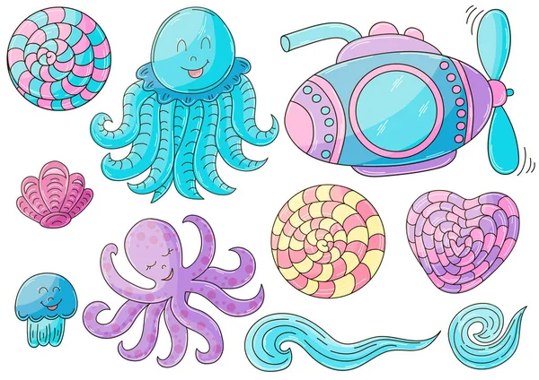 Conjunto Iconos Elementos Diseño Ilustraciones Estilo Dibujo Mano Mar Océano — Vector de stock