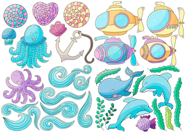 Gran Conjunto Iconos Elementos Diseño Mar Océano Sus Fabulosos Habitantes — Vector de stock