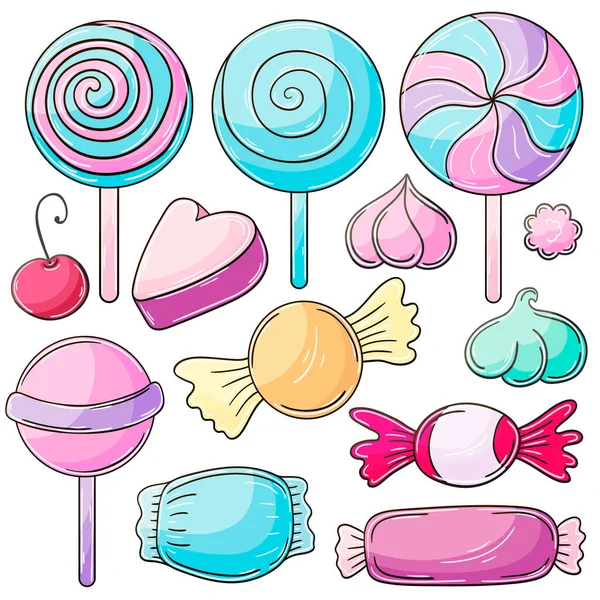 Sweet Desserts Set Vector Illustrations Hand Draw Style Collection Icons — Stock Vector