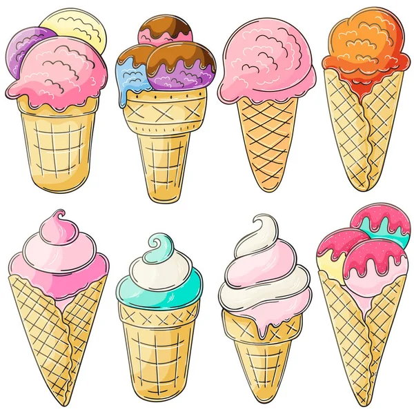 甘いデザート アイスクリーム 手描きでベクトルイラストのセット アイコンのコレクション ステッカー カップの中のアイスクリーム — ストックベクタ