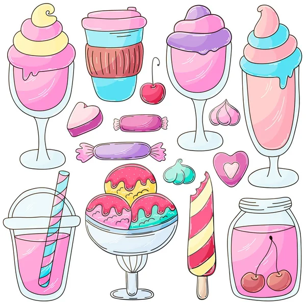 Dolci Dolci Gelato Set Illustrazioni Vettoriali Mano Disegnare Stile Raccolta — Vettoriale Stock