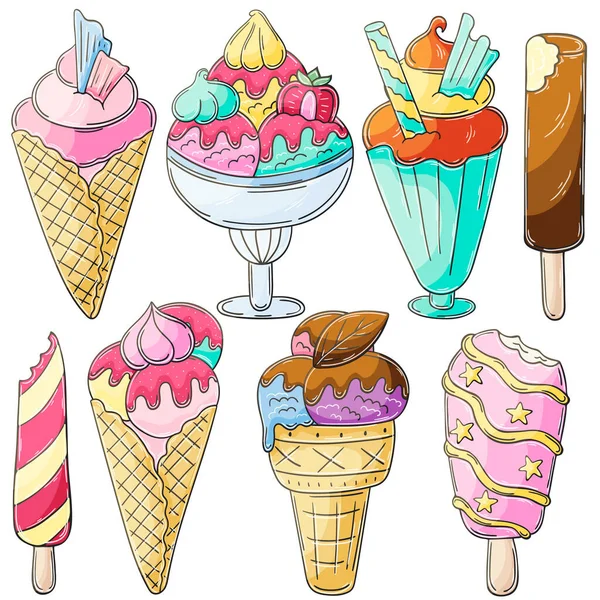 Desserts Sucrés Glace Ensemble Illustrations Vectorielles Style Dessin Main Collection — Image vectorielle