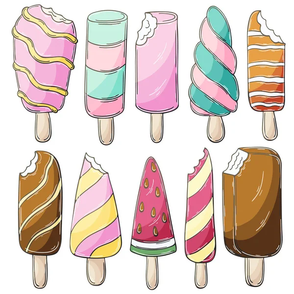 Σύνολο Διανυσματικών Εικονογραφήσεων Στυλ Σχεδίασης Χεριών Γλυκά Γλυκά Παγωτό Συλλογή — Διανυσματικό Αρχείο
