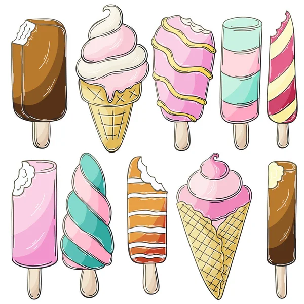 Set Van Vectorillustraties Handtekenstijl Zoete Desserts Ijs Verzameling Van Iconen — Stockvector