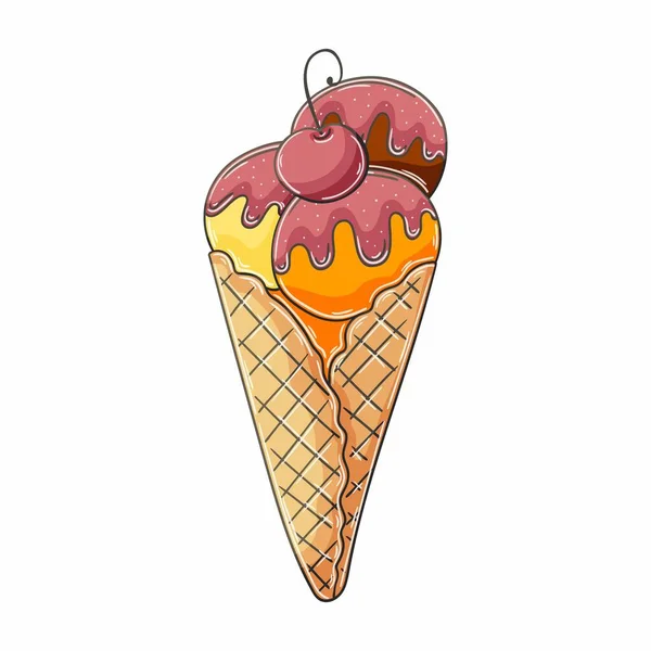 Мороженое Вафельной Чашке Иллюстрация Стиле Ручной Работы Сладкий Десерт Графический — стоковый вектор