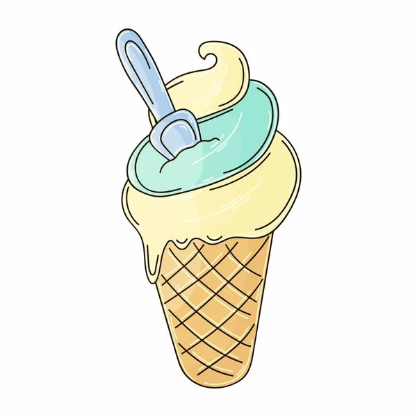 ワッフルカップの中のアイスクリーム 手描き風のイラスト 甘いデザート あなたのデザインのためのグラフィック要素 アイコン ステッカー サイン — ストックベクタ