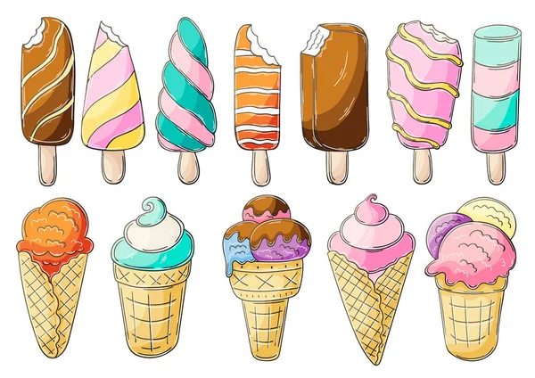 Elle Çizim Tarzında Büyük Bir Vektör Çizimi Tatlı Tatlılar Dondurma — Stok Vektör