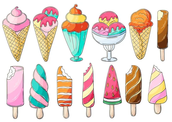 Big Set Vector Illustrations Hand Draw Style Sweet Desserts Ice — Stock Vector