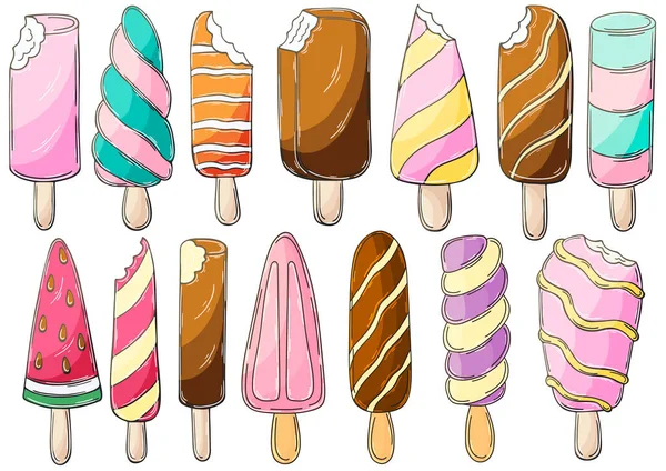 손으로 삽화들이 있습니다 디저트 아이스크림 아이콘 스티커 컬렉션 아이스크림 — 스톡 벡터