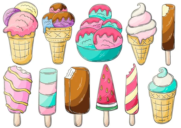 手描きスタイルでベクトルイラストの大きなセット 甘いデザート アイスクリーム アイコン ステッカーのコレクション カップの中のアイスクリーム 花瓶の中のアイス 甘い氷 — ストックベクタ