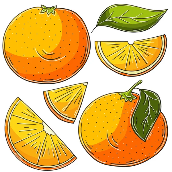 一组矢量插图手绘风格 儿童绘画 带有水果的海报 橘红色 收集图标 — 图库矢量图片