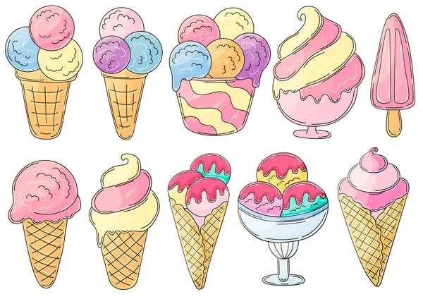 手描きスタイルでベクトルイラストの大きなセット 甘いデザート アイスクリーム アイコン サイン ステッカーのコレクション カップの中のアイスクリーム 花瓶の中のアイス — ストックベクタ