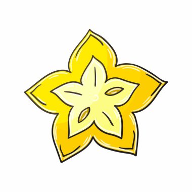 Carambola, Star-fruit. Elle çizilmiş bir resim. Çocuk resimleri, egzotik meyveler. Simge, sembol, etiket