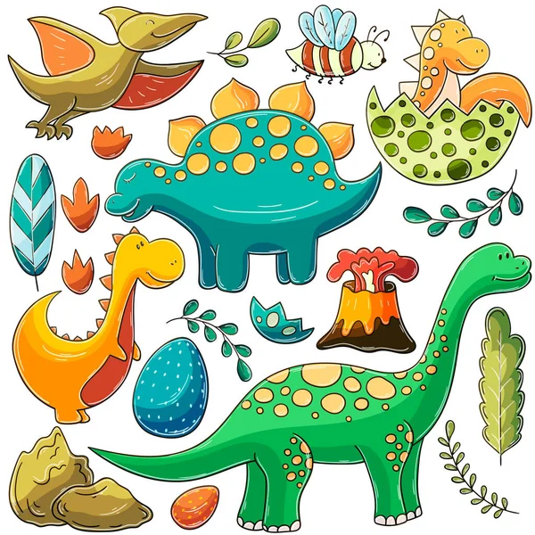 Set Vector Illustrations Hand Drawn Style Children Drawings Poster Dinosaur — Stock Vector