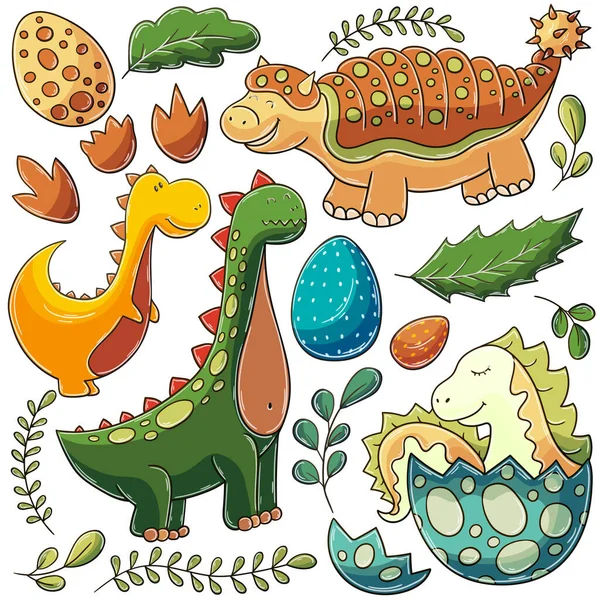 Dinosauri Del Giurassico Set Illustrazioni Vettoriali Stile Disegnato Mano Disegni — Vettoriale Stock