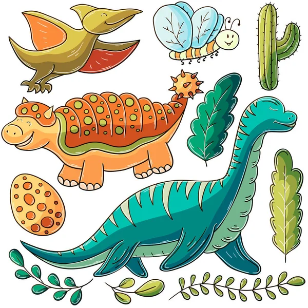 Dinosaurier Der Jurazeit Set Von Vektorillustrationen Handgezeichnetem Stil Kinderzeichnungen Poster — Stockvektor